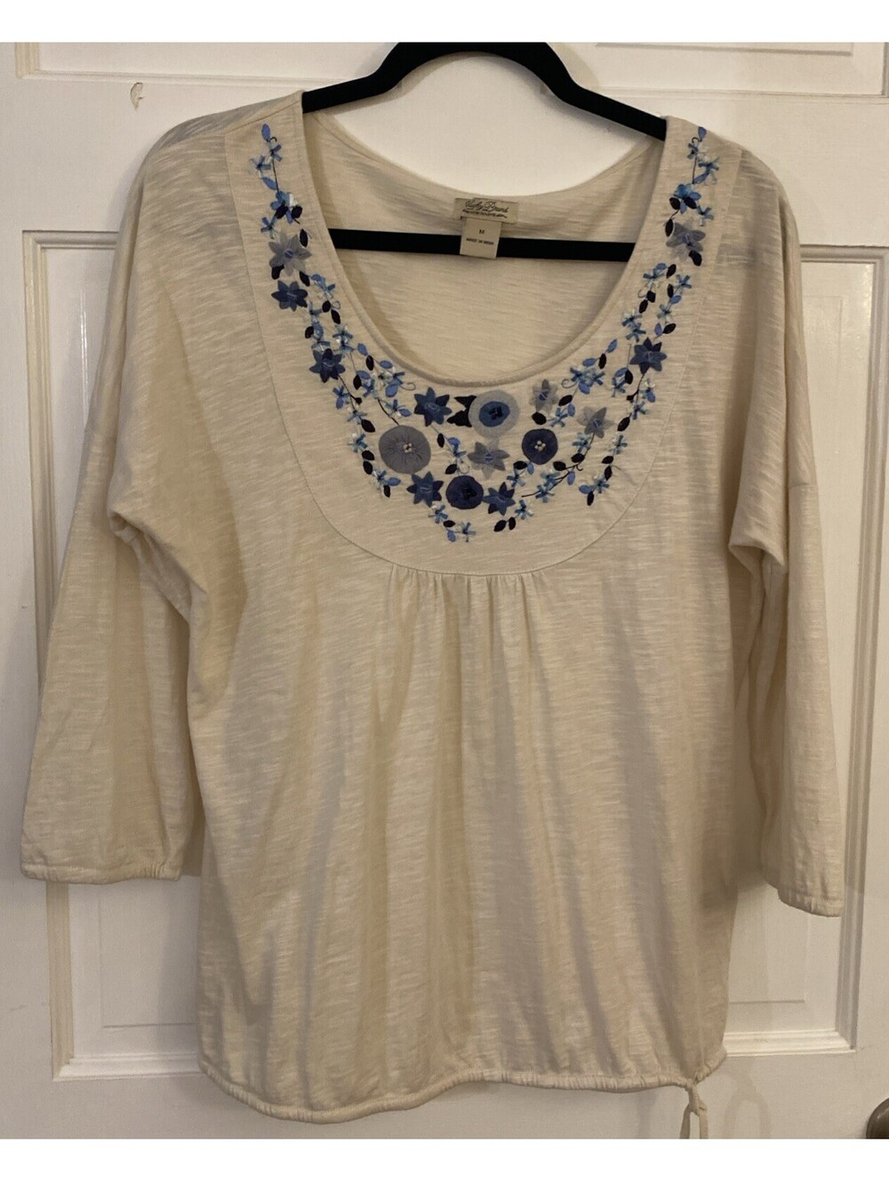 Lucky Embroidered Multi Blue Colors Boho Blouse OffWhite Peasant Top Medium